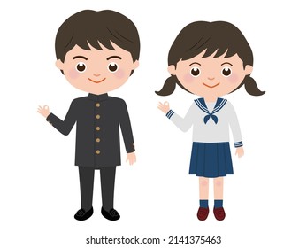 Students in uniforms of boy and girl who pose with an OK mark with a smile