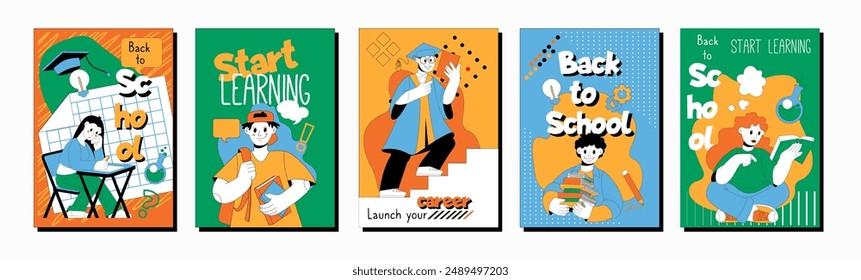 Students university. Back to school. People studying. Teacher and schoolchildren. Read books in library. Online course training. Lessons learning. Abstract graphic flyers. Vector education banners set