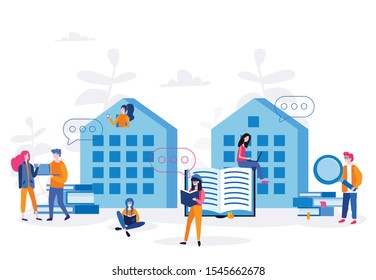 Students in university campus studying together. Vector illustration.for web banner, infographics, mobile website. Reading books