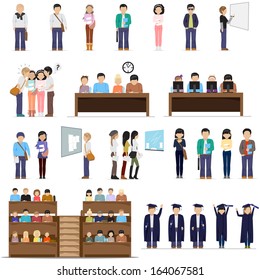 Students At The University In Different Situations - Isolated On White Background - Vector Illustration, Graphic Design Editable For Your Design 