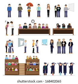 Estudiantes De La Universidad En Diferentes Situaciones - Aislados En Fondo Blanco - Ilustración Vectorial, Diseño Gráfico Editable Para Su Diseño