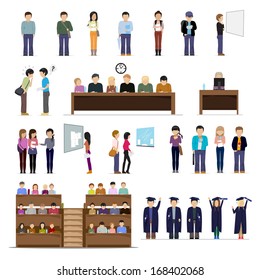 Students At The University In Different Situations - Isolated On White Background - Vector Illustration, Graphic Design Editable For Your Design