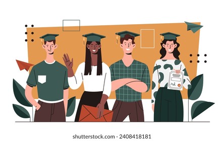 Students university graduates concept. Man and woman with graduate hats and caps. Education, learning and training. Team of bachelors. Pupils at graduation. Cartoon flat vector illustration