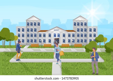 Students at the university outdoors Vector flat style. Architectural facade. Summer day park