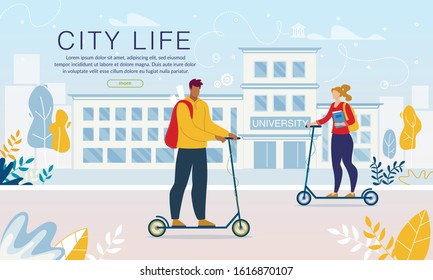 Students Using Eco-Friendly Personal Transport. University Building. Multiracial Diverse Teenagers Friends Moving by Electric Kick Scooter. Quick and Safe Ride to Study. Eco City Life Webpage Banner