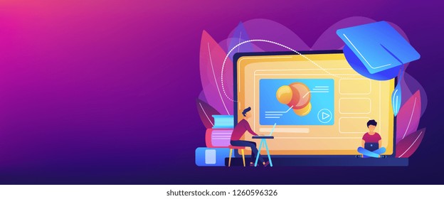 Students using e-learning platform video on laptop and graduation cap. Online education platform, e-learning platform, online teaching concept. Header or footer banner template with copy space.