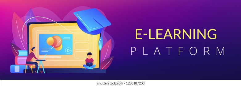 Students using e-learning platform video on laptop and graduation cap. Online education platform, e-learning platform, online teaching concept. Header or footer banner template with copy space.