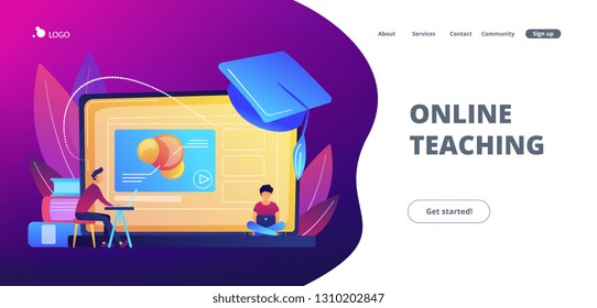 Students using e-learning platform video on laptop and graduation cap. Online education platform, e-learning platform, online teaching concept. Website vibrant violet landing web page template.