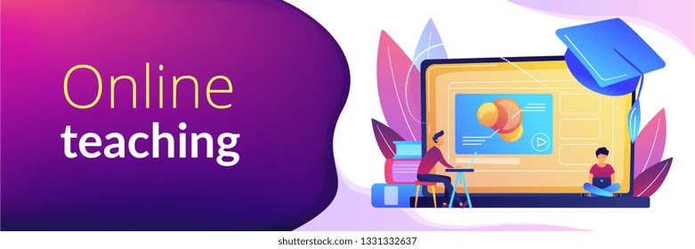 Students using e-learning platform video on laptop and graduation cap. Online education platform, e-learning platform, online teaching concept. Header or footer banner template with copy space.
