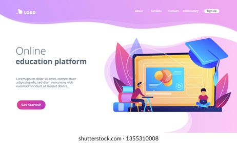 Students using e-learning platform video on laptop and graduation cap. Online education platform, e-learning platform, online teaching concept. Website vibrant violet landing web page template.