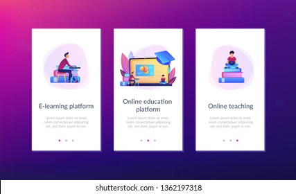 Students using e-learning platform video on laptop and graduation cap. Online education platform, e-learning platform, online teaching concept. Mobile UI UX GUI template, app interface wireframe