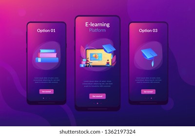 Students using e-learning platform video on laptop and graduation cap. Online education platform, e-learning platform, online teaching concept. Mobile UI UX GUI template, app interface wireframe