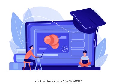 Students using e-learning platform video on laptop and graduation cap. Online education platform, e-learning platform, online teaching concept. Pinkish coral bluevector isolated illustration