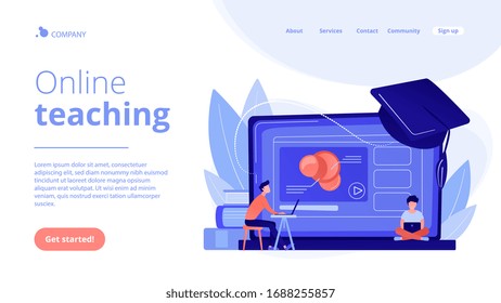 Students using e-learning platform video on laptop and graduation cap. Online education platform, e-learning platform, online teaching concept. Website vibrant violet landing web page template.