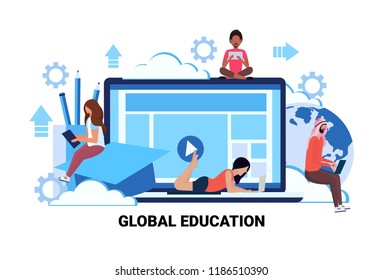 students using gadgets online global education e-learning concept people studying mobile computer internet application male female cartoon character horizontal vector illustration