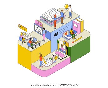 Students using an online learning app: innovative education and technology concept. Modern Infographics concept. Vector Isometric illustration