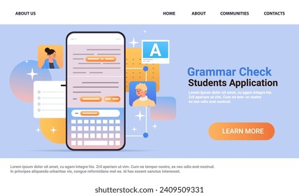 students using online services of correcting text and checking spellings on smartphone screen grammar check application