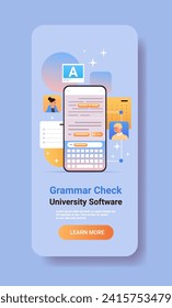 students using online services of correcting text and checking spellings on smartphone screen grammar check application vertical