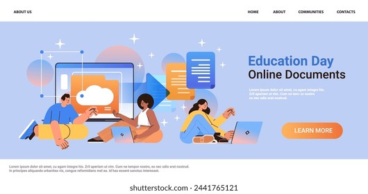 students using online storage on laptop screen file transfer connection docs information migration access to remote documents education day