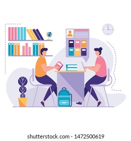 Students Using Tablet in library vector illustration. business concept design