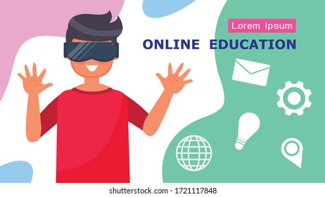 Students using vr technology online education type educational instruction that is delivered via the internet to students using their home computer Cartoon character Vector illustration.
