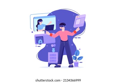 Students using VR tools for the study Illustration concept. Flat illustration isolated on white background.