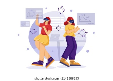 Students Using VR Tools For The Study Illustration concept. Flat illustration isolated on white background.