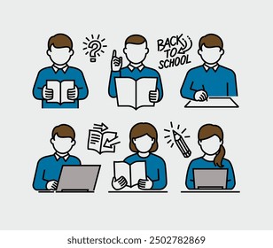 Students in Various Activities of Education, Reading book, Learning, Online Course and Training, Writing, Back to School Vector Line Icons Set