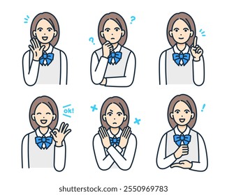 Students in various poses. Set of cute girls facial expressions.