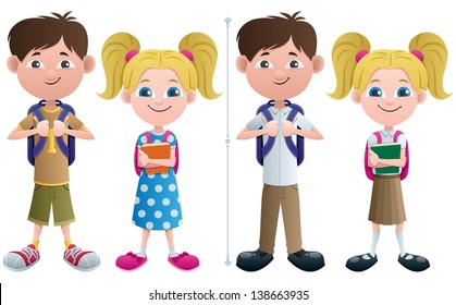 Students: Vector illustration of schoolboy and schoolgirl in 2 versions Ã¢Â?Â? with and without uniforms.  No transparency used. Basic (linear) gradients.