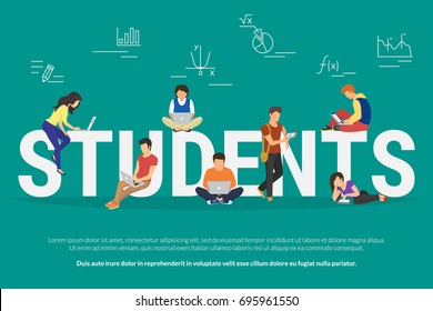 Students vector illustration of young people using laptop, tablet and smartphone for e-learning, distance studying and online education. Flat school or university people learn near letters elearning