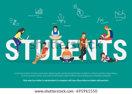 Students vector illustration of young people using laptop, tablet and smartphone for e-learning, distance studying and online education. Flat school or university people learn near letters elearning