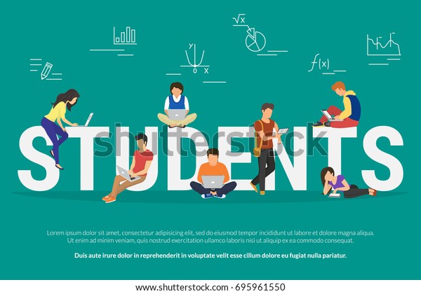 Students vector illustration of young people using laptop, tablet and smartphone for e-learning, distance studying and online education. Flat school or university people learn near letters elearning