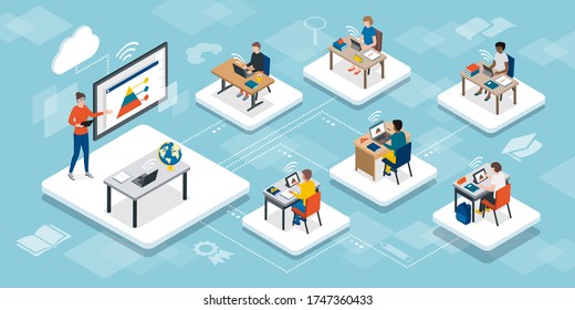 Students in the virtual classroom and teacher using a smart interactive whiteboard, e-learning and online education concept - Shutterstock ID 1747360433