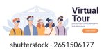 Students virtual reality museum tour diverse young people wearing VR headsets ancient building background modern education technology website banner