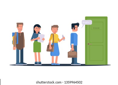 Students waiting for exam vector illustration. Stressed tired pupils worrying, standing on queue. Teenagers passing maths test flat clipart. Cartoon characters in university corridor. Guy in college