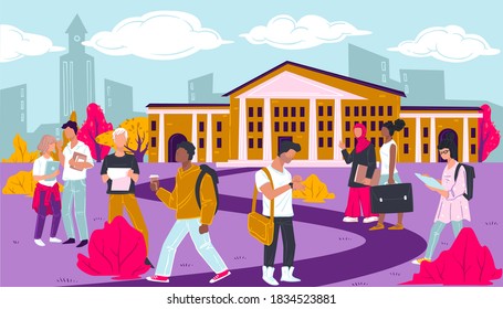 Students walking by educational establishment, teenagers by university or college. People with books and satchels spending time outdoors. Obtaining knowledge on new semester, vector in flat style