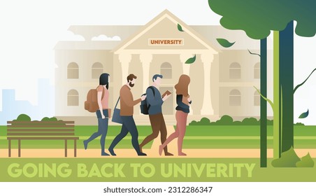 Students walking and chatting in campus park. Information, university, nature concept. Vector illustration can be used for topics like knowledge, relaxation, education