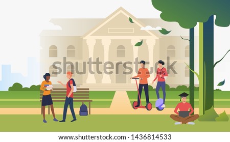 Students walking and chatting in campus park. Information, university, nature concept. Vector illustration can be used for topics like knowledge, relaxation, education