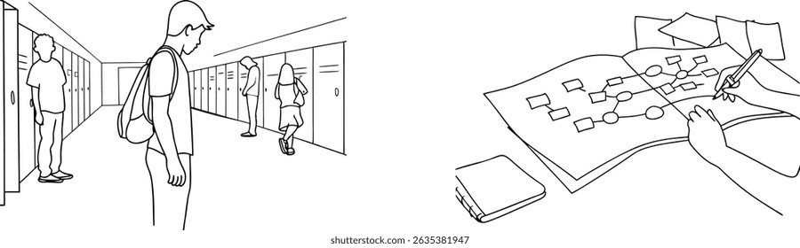 Students walking down school hallway and someone working on a diagram drawing with pen