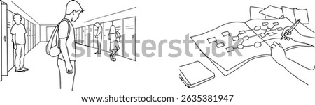 Students walking down school hallway and someone working on a diagram drawing with pen
