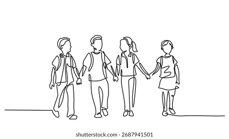 Estudantes caminhando com amigos em desenho contínuo de uma linha. Ilustração vetorial da amizade escolar e solidariedade. Símbolo minimalista desenhado à mão.
