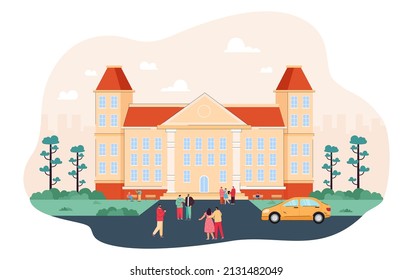 Students walking in front of university flat vector illustration. Young people spending time in campus or near college building on summer day, relaxing and talking. Landscape, leisure concept