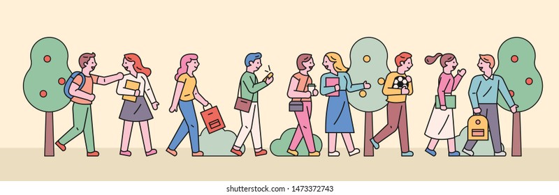 Students are walking in line and chatting. flat design style minimal vector illustration.