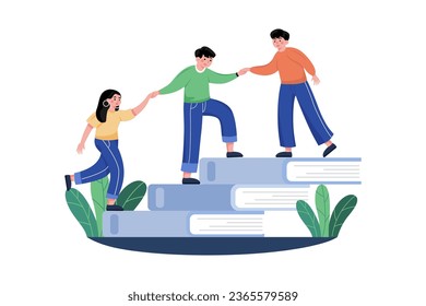Students Walking On Books Stairs