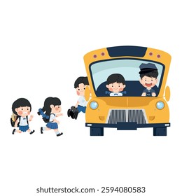 Students are walking onto the school bus