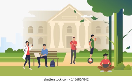 Students walking and relaxing in campus park. Information, university, nature concept. Vector illustration can be used for topics like knowledge, relaxation, education