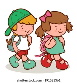 Students walking to school. Vector illustration