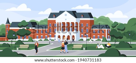 Students walking and sitting on grass at university campus. Exterior of college building among trees. Schoolhouse with columns. Colored flat vector illustration of education institution