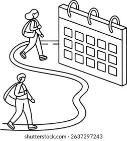 Students walking towards their school days marked on a calendar outline illustration
